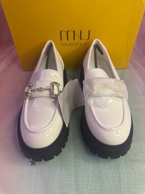 Musshoe White Patent Loafers with Chunky Black Lug Sole